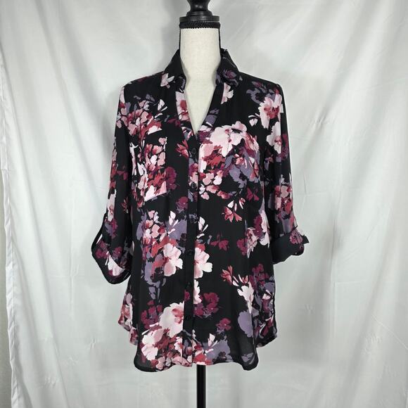 A. Byer Floral Button Front Womens Blouse Medium Black Pink Purple Preppy - Picture 2 of 10